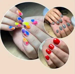 Na zdjęciu jest manicure w różnych kolorach. Pracę wykonano w salonie manicure, pedicure Quanti Nails w Gdańsku.
